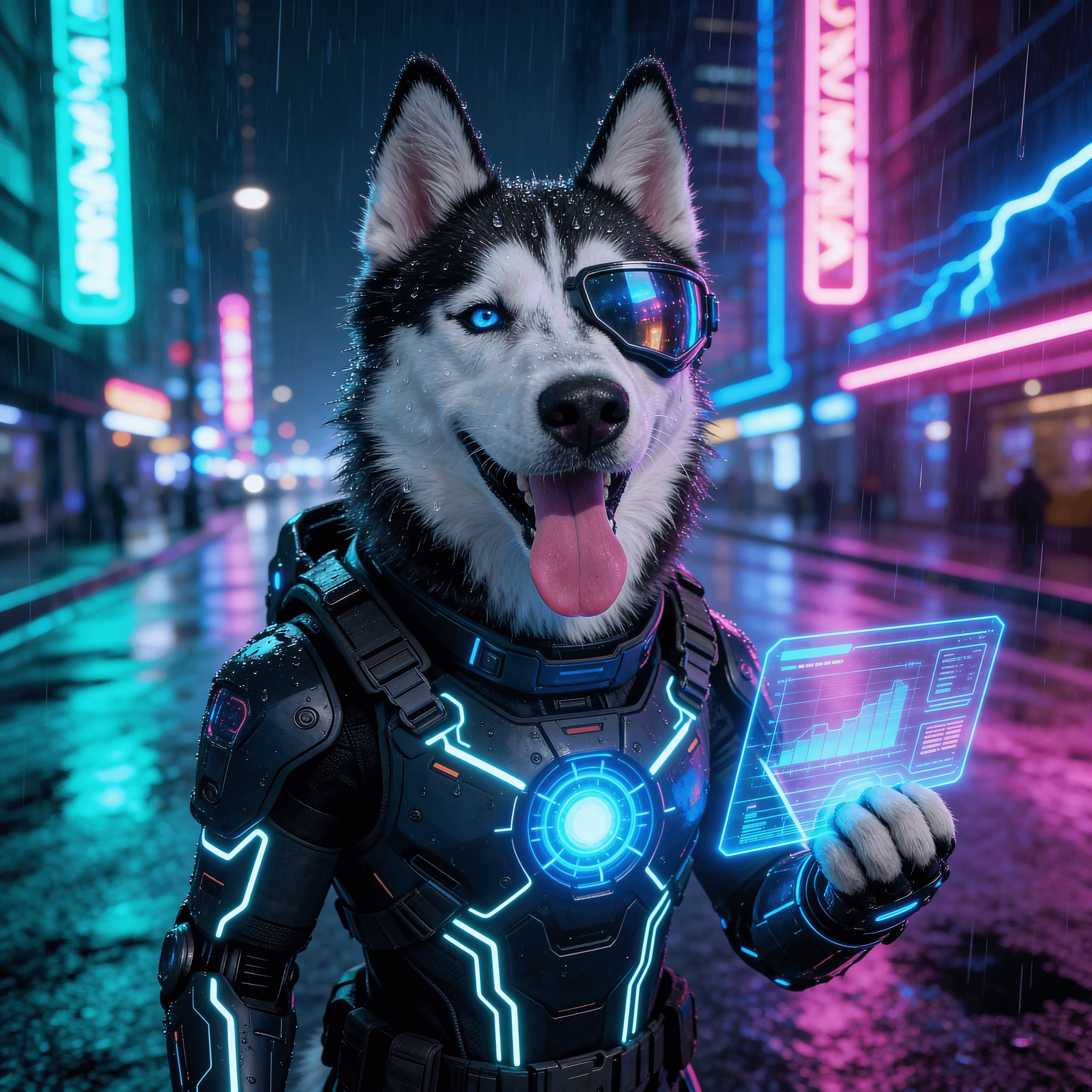 A dog in a dramatic cyberpunk scene with neon lights and futuristic cityscape