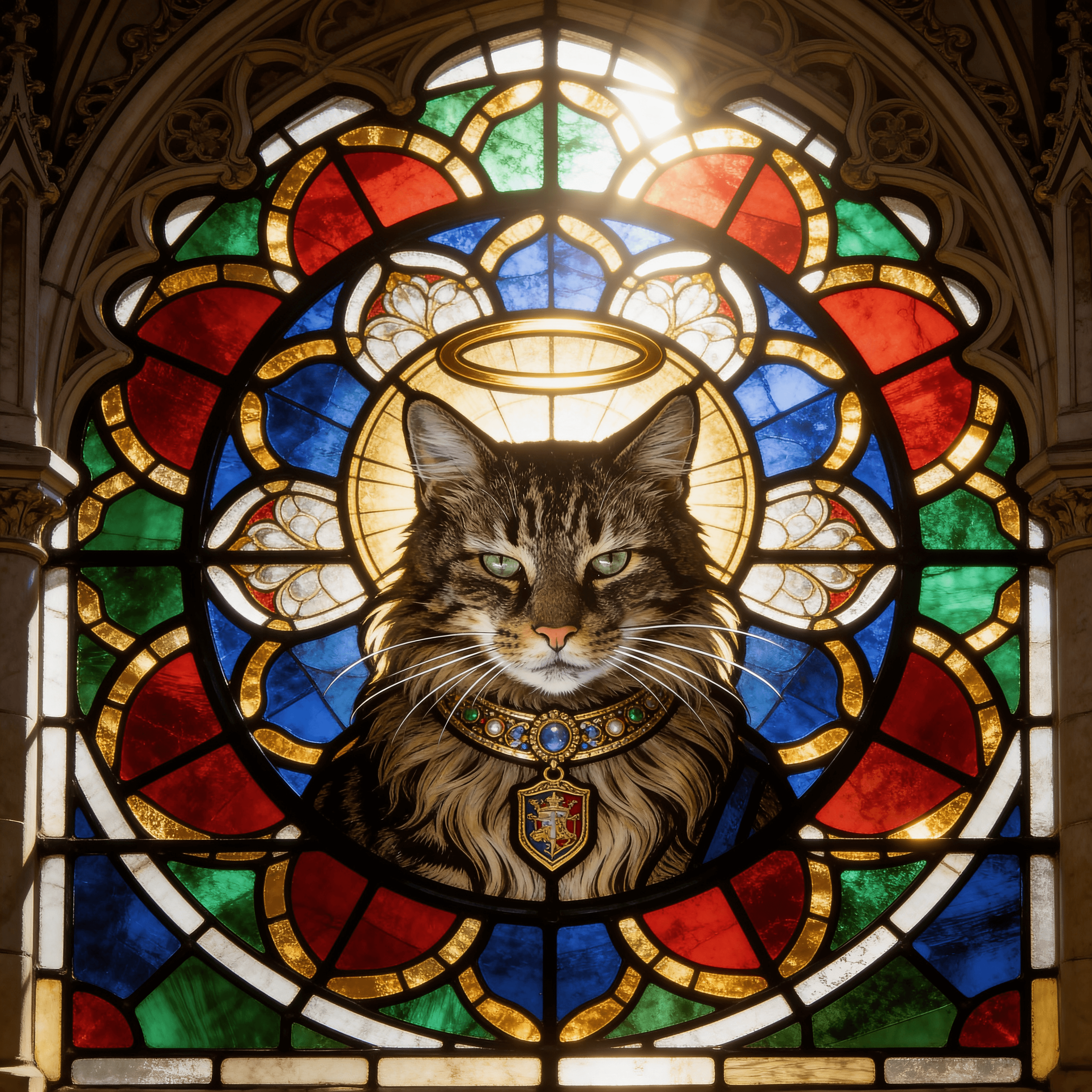 Stained Glass style portrait of a cat