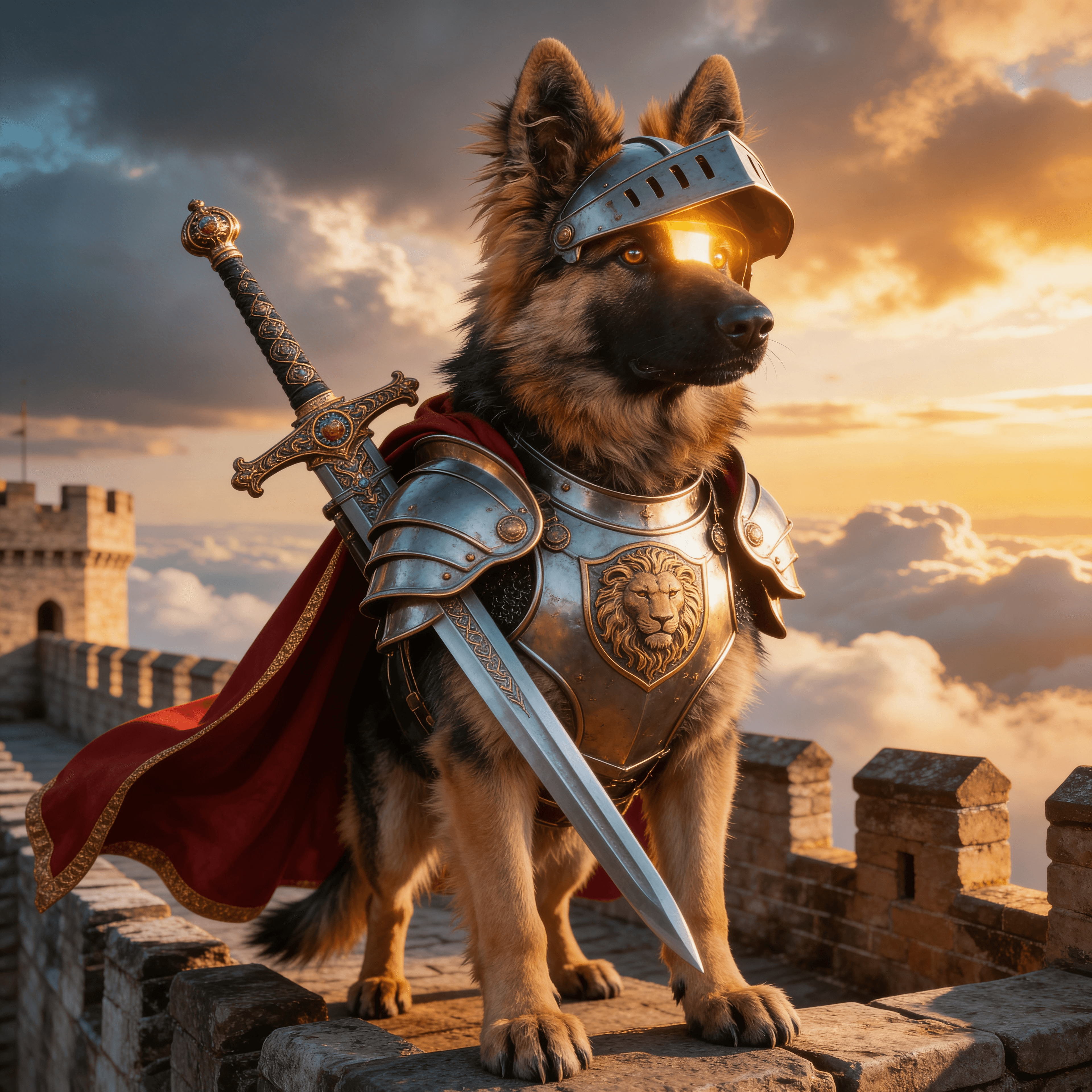 A majestic dog transformed into a fantasy knight in golden armour