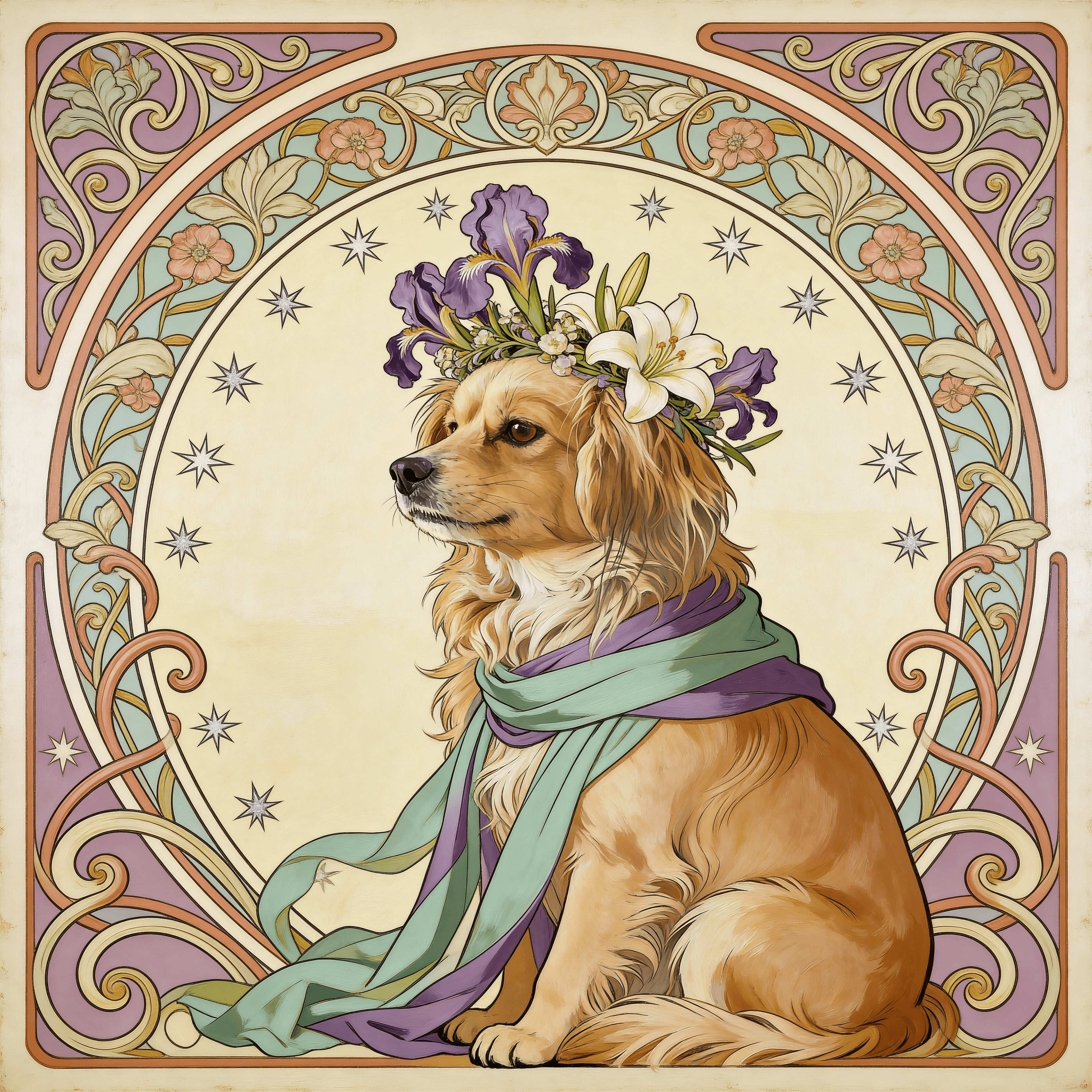 Art Nouveau style portrait of a dog