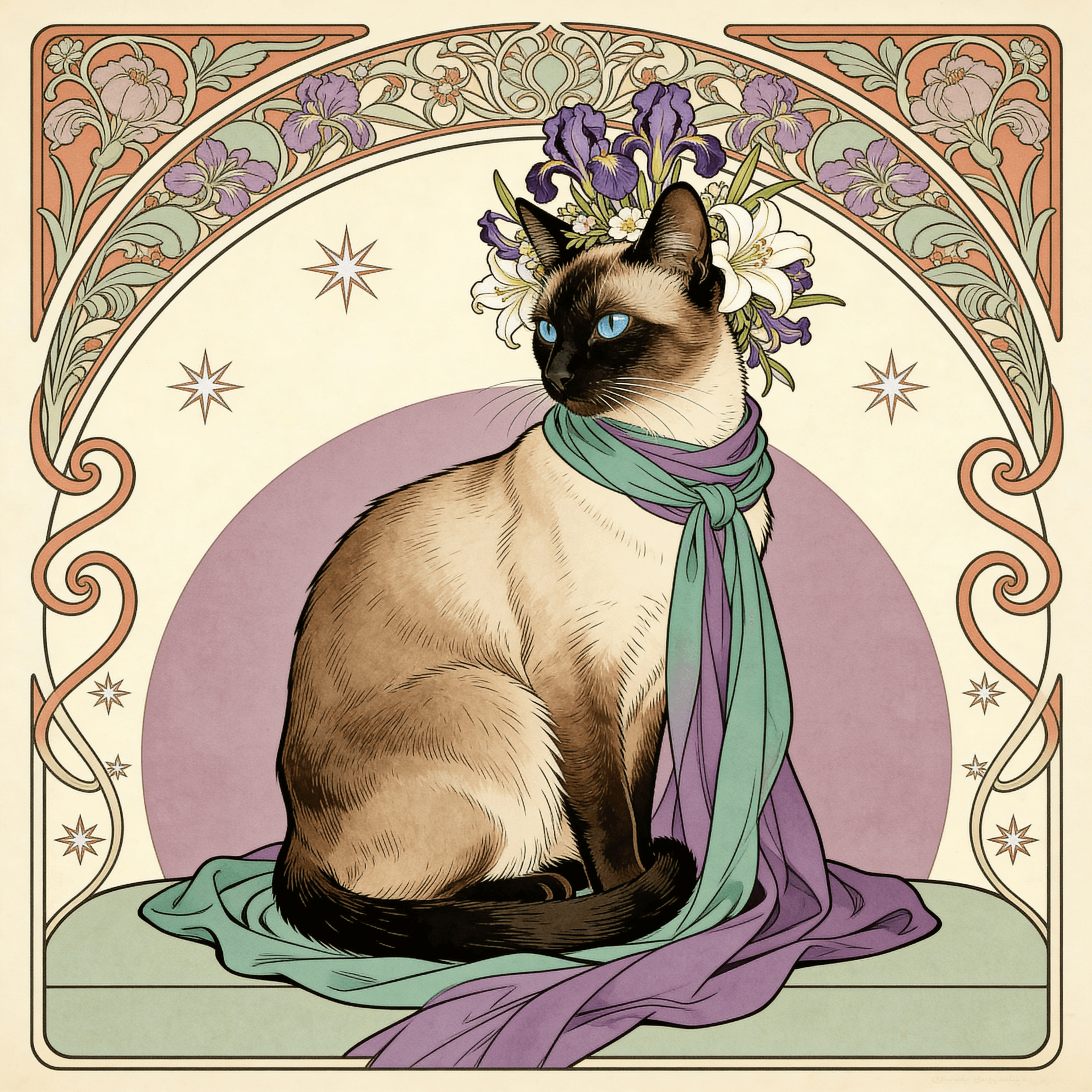 Art Nouveau style portrait of a cat