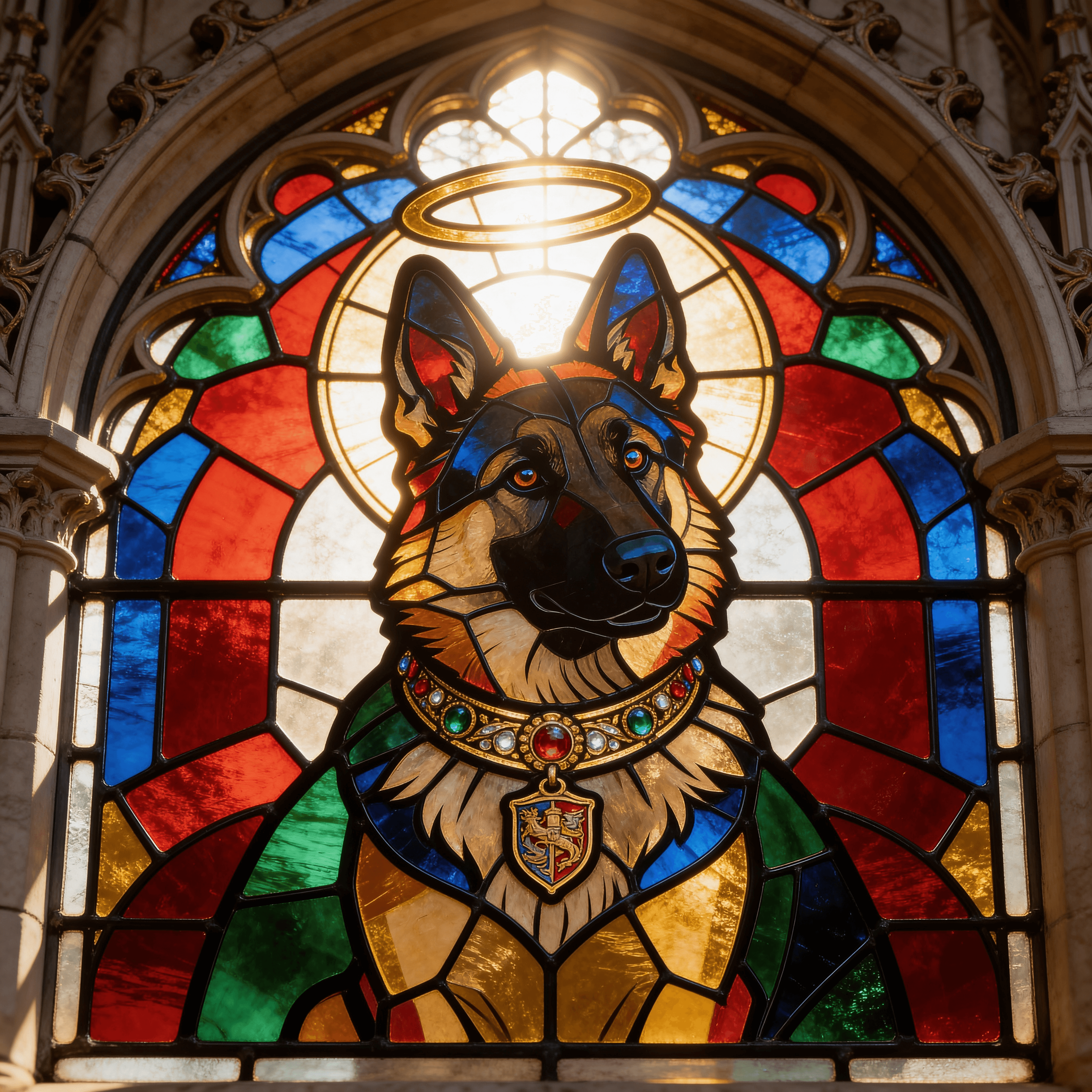 Stained Glass style portrait of a dog