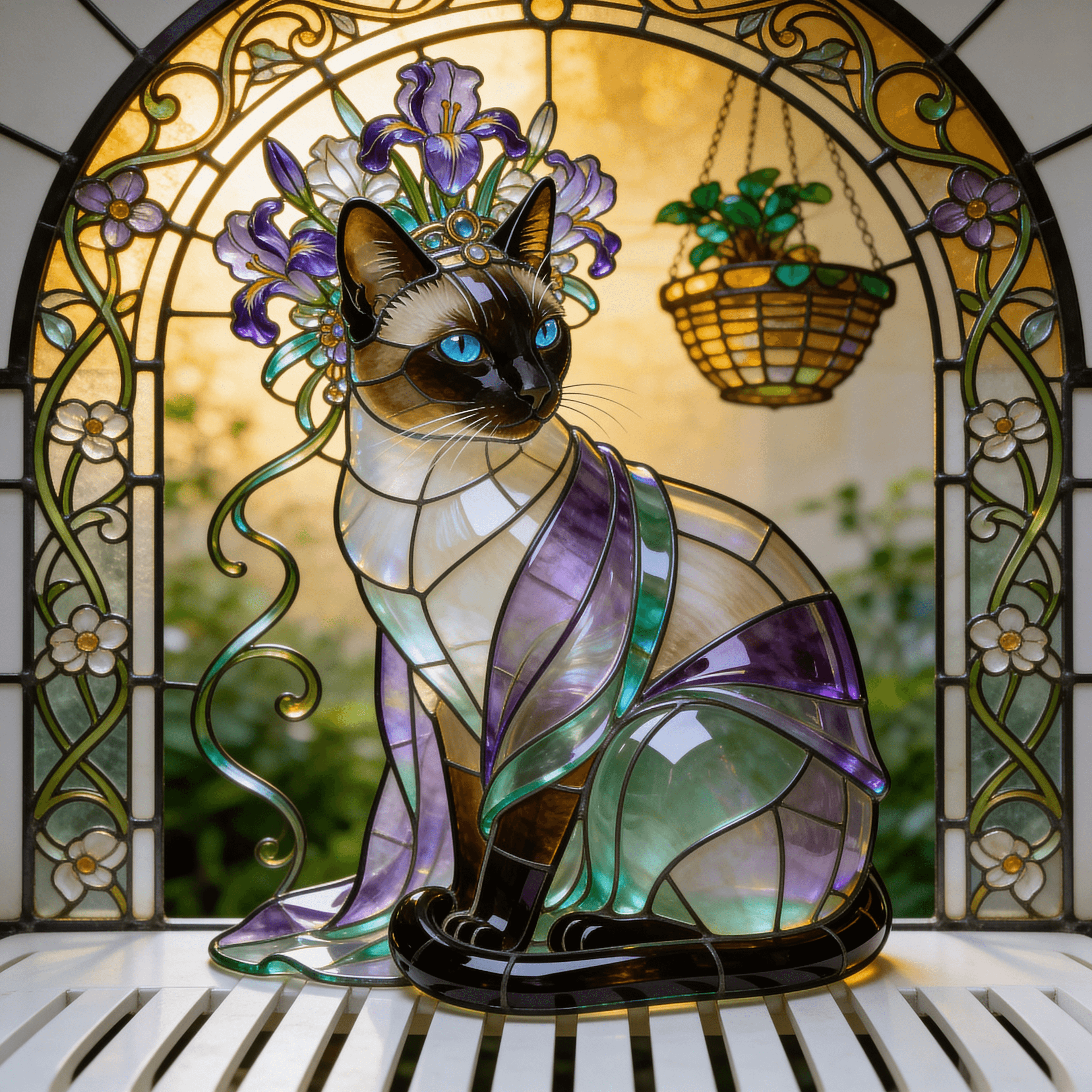 Stained Glass style portrait of a cat