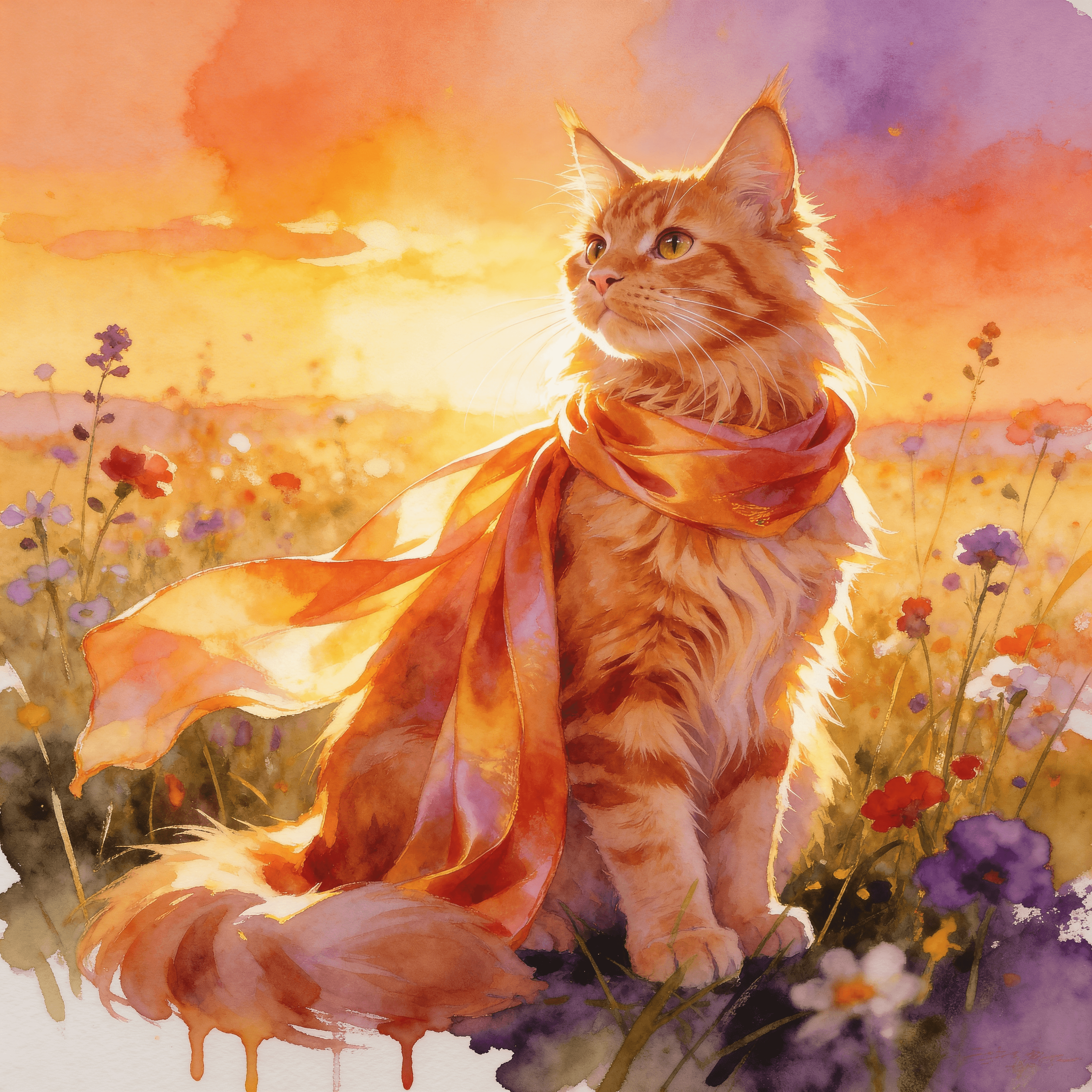 Watercolor style portrait of a cat