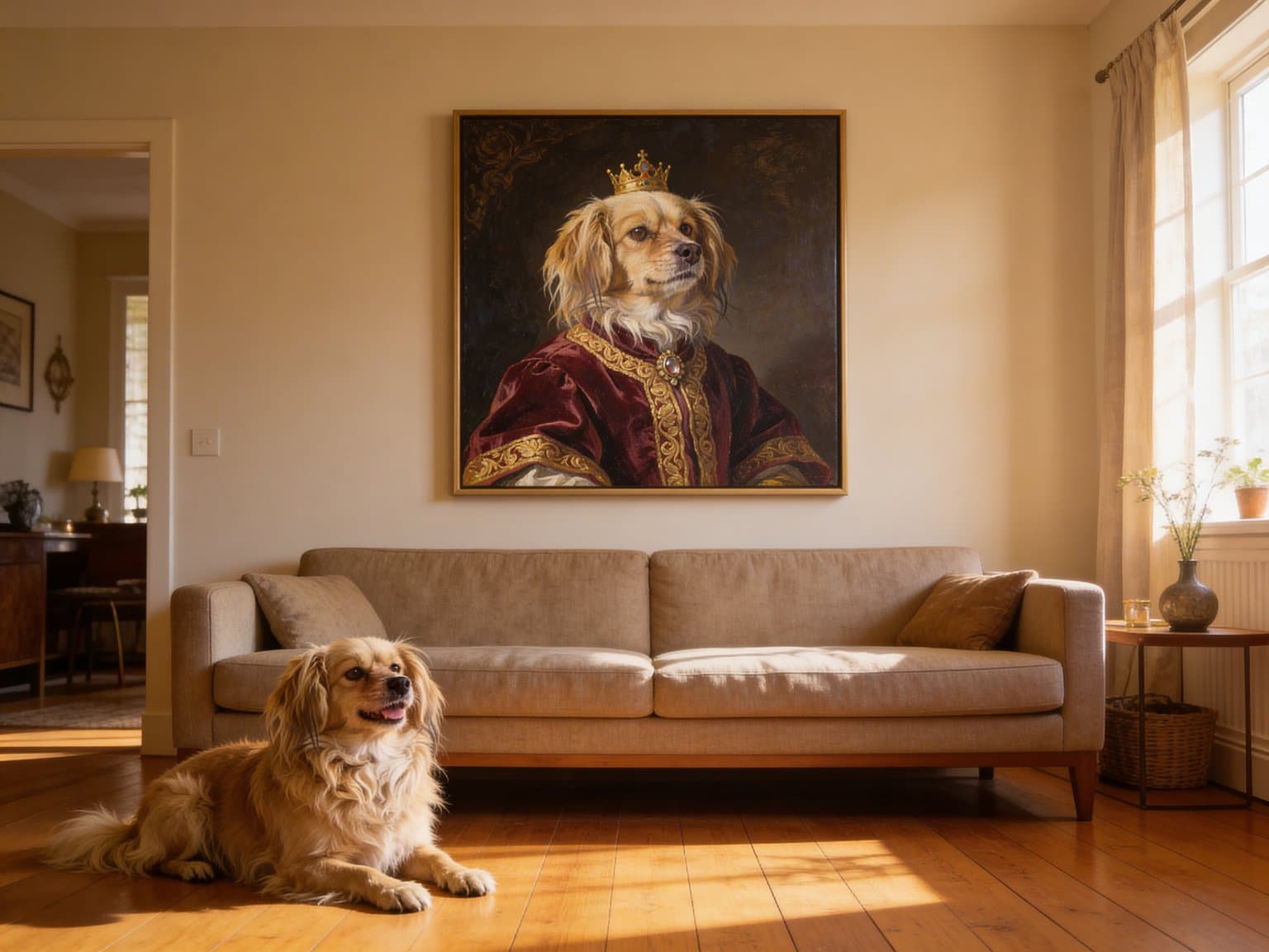 Royal Renaissance — pet portrait displayed in a living room