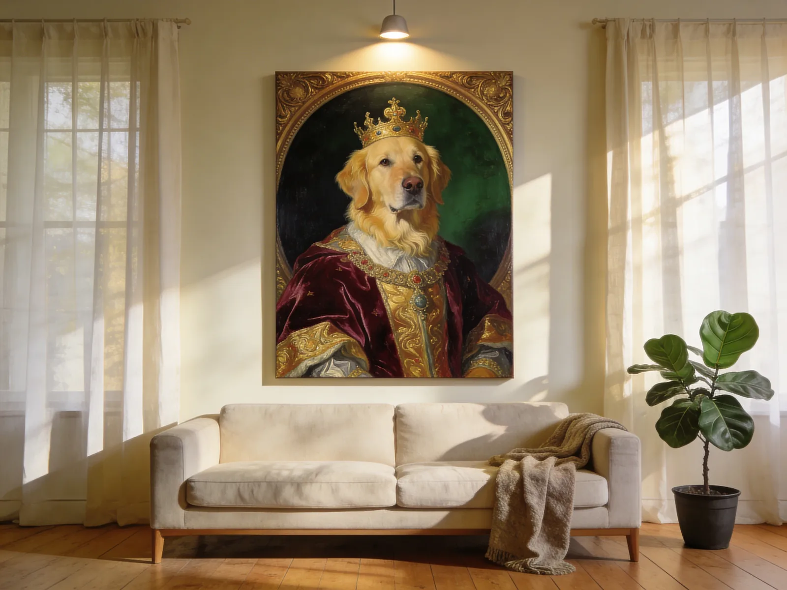 Royal Renaissance pet portrait canvas displayed in an elegant warm living room with gallery lighting